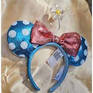 Disney Parks White polka dot blue Minnie Ears Bow Sequin Little Flower Headband